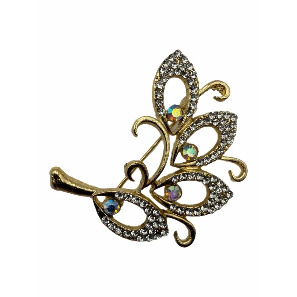 Gold Tone Rhinestone AB Crystal Leaf Brooch Pin Floral Spray Statement